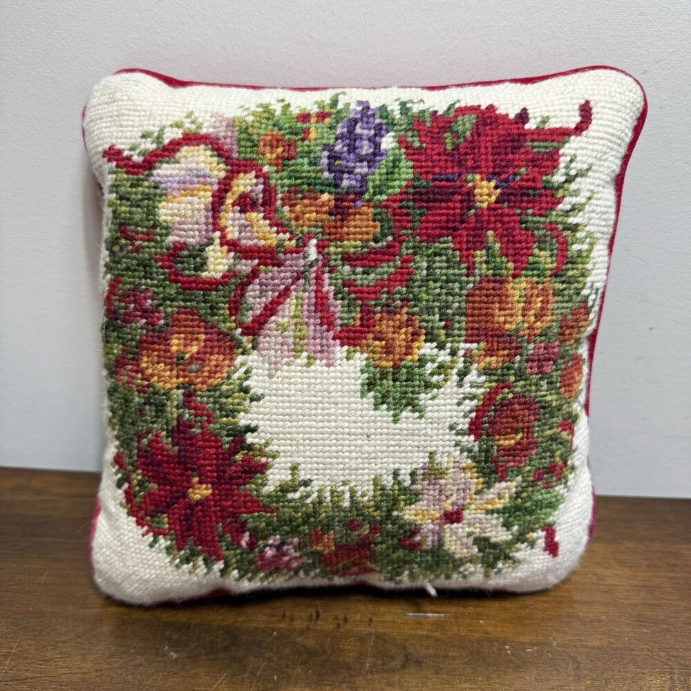 Christmas Needlepoint Pillow Floral Wreath Poinsettias Fruit Holiday 9”x 9” - Picture 2 of 5